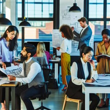 A bustling office space showcasing professionals