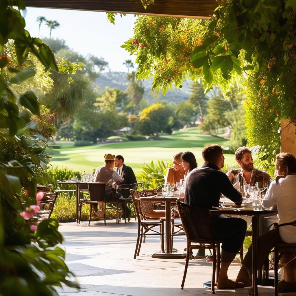 country club with a few people socializing in a restaurant with a garden view