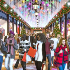 A busy holiday shopping scene with shoppers checki