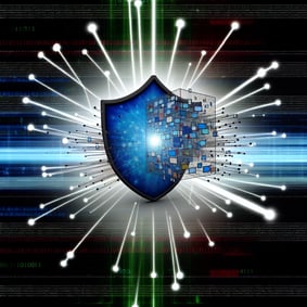 A digital network shield representing strong cyber