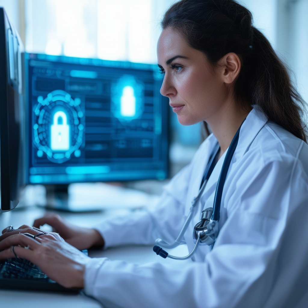 A healthcare professional using a secure computer 