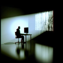 A shadowed figure at a computer, with code reflect