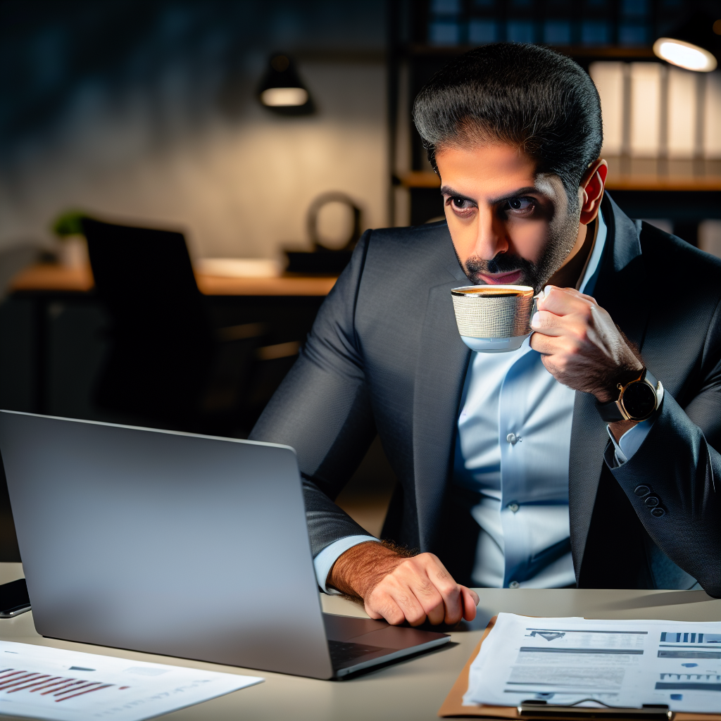 A business owner sipping coffee while reviewing cy